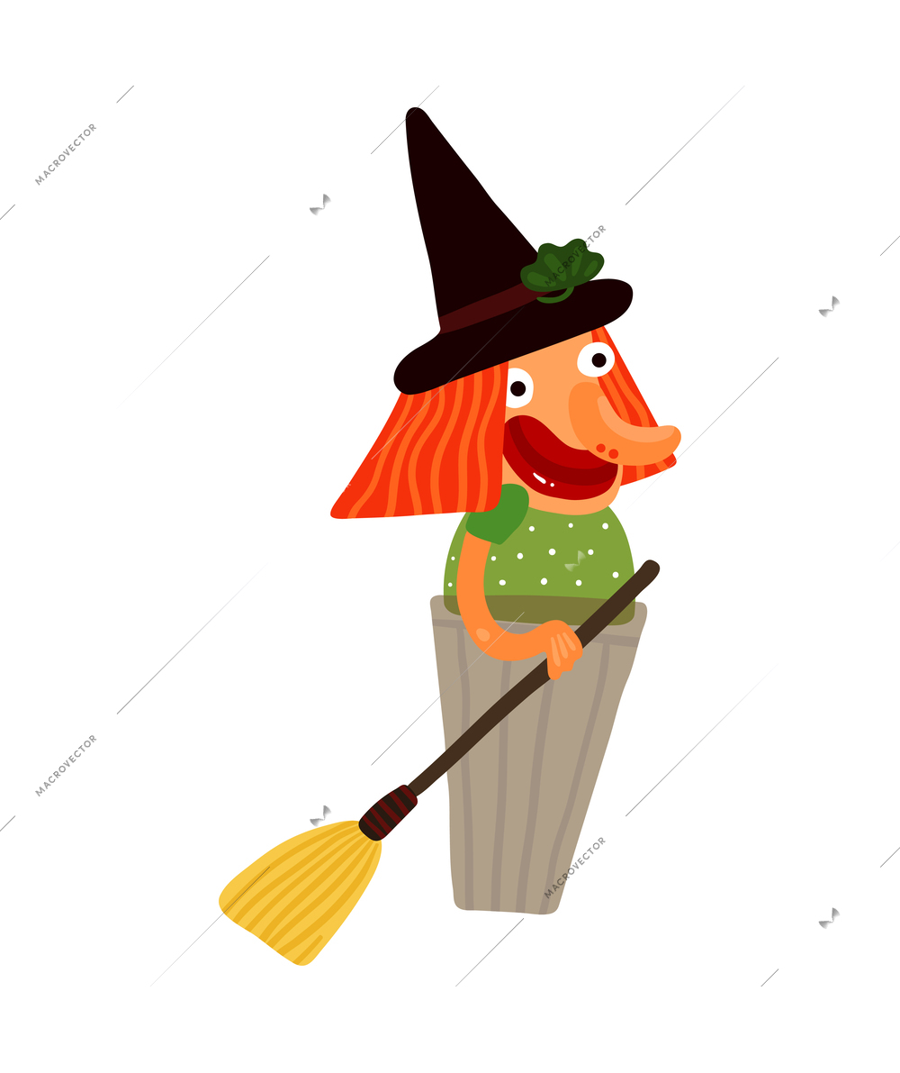 OId witch folklore flat character with broom vector illustration