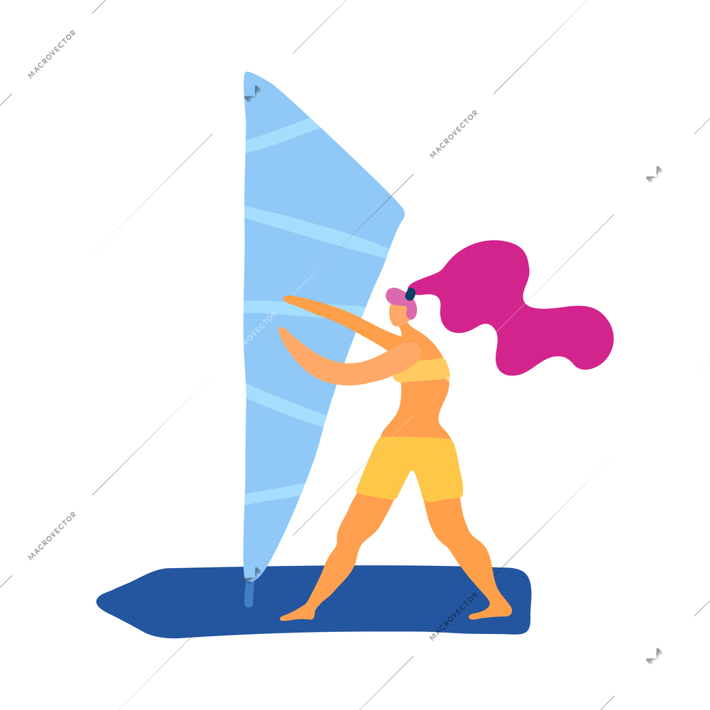 Woman going windsurfing on white background flat vector illustration