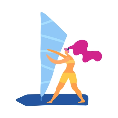 Woman going windsurfing on white background flat vector illustration