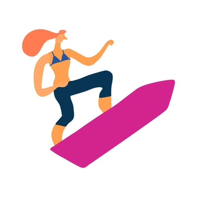 Woman going surfing on pink surfboard flat vector illustration