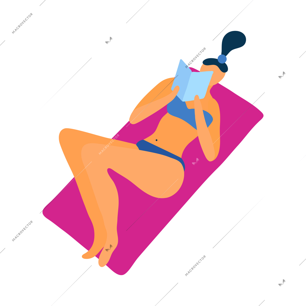 Woman in swimsuit reading book on beach flat vector illustration