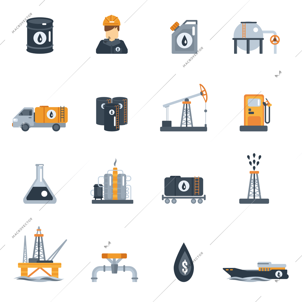 Oil industry petroleum product processing flat icon set isolated vector illustration