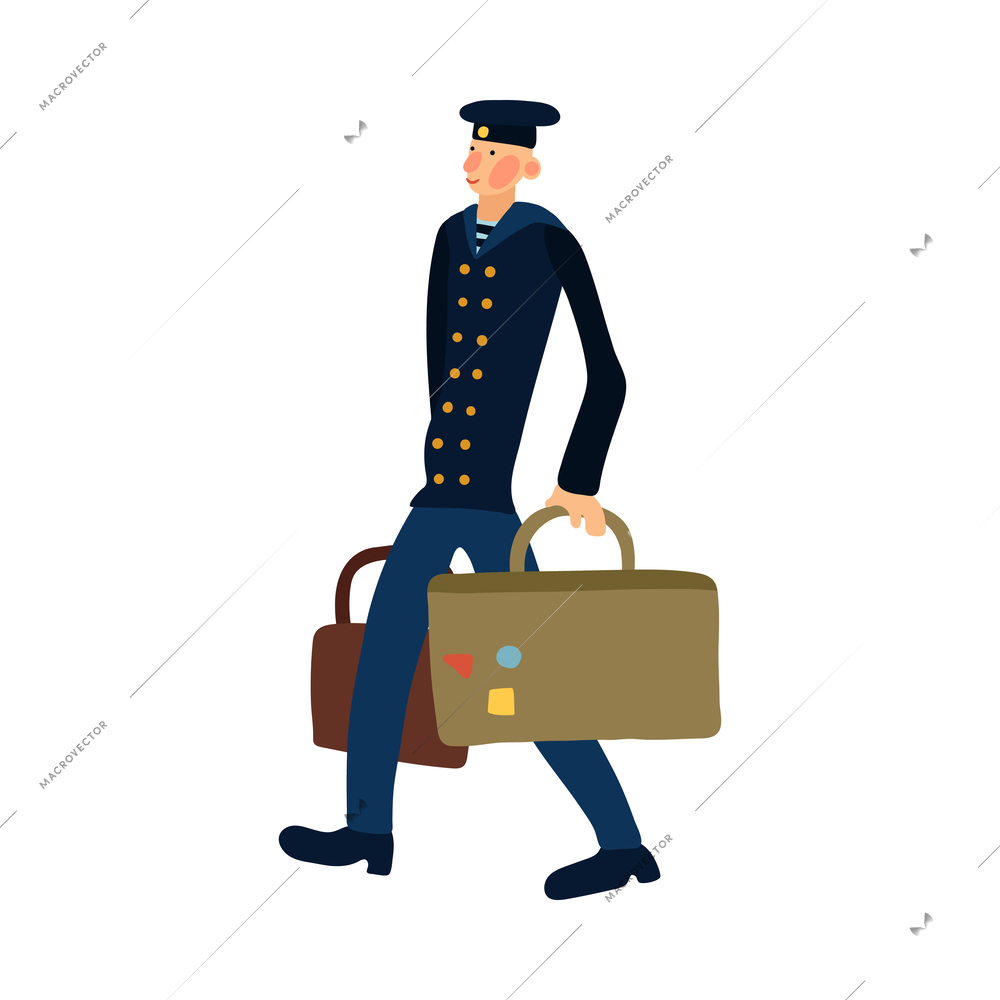 Sailor travelling with suitcases flat vector illustration