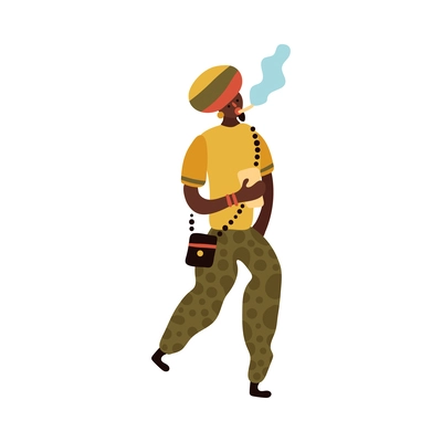 Flat rastafarian man walking and smoking vector illustration