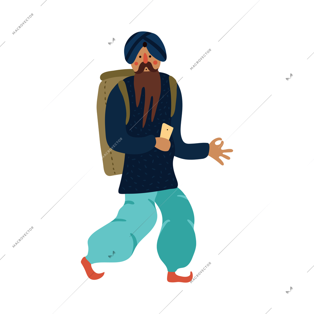 Indian man travelller with backpack and smartphone flat vector illustration