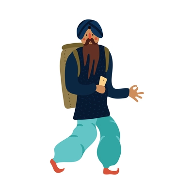 Indian man travelller with backpack and smartphone flat vector illustration