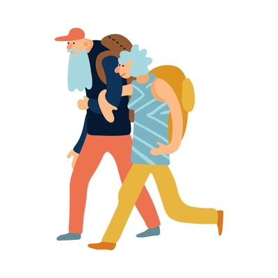 Elderly couple travelling with backpacks flat vector illustration