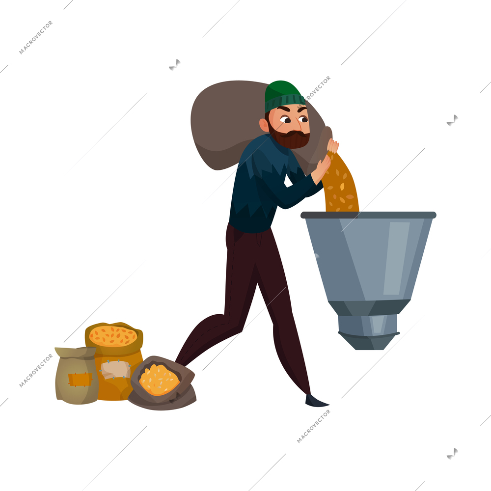 Brewery worker using grain silo flat vector illustration