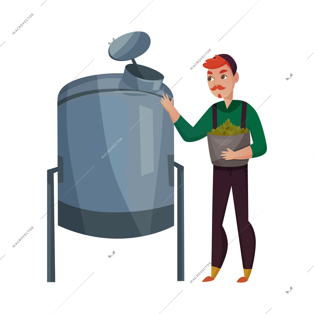 Beer production boiling equipment and male worker flat vector illustration