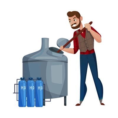 Brewery worker mashing wort flat vector illustration