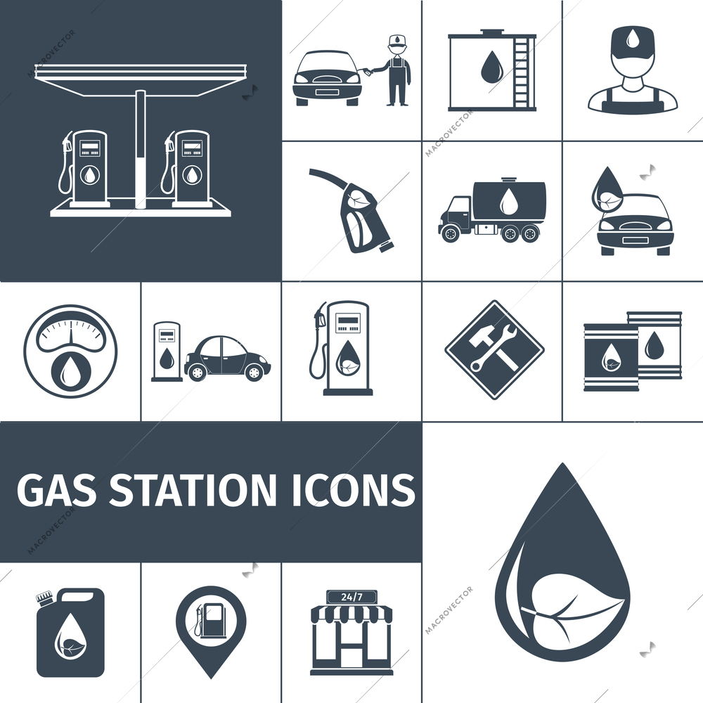 Gas station icons black set with petrol station fuel tank isolated vector illustration