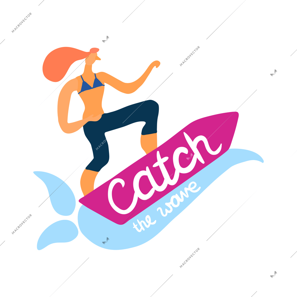 Summer sea activities catch wave flat emblem with woman on surfboard vector illustration