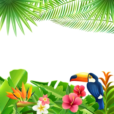 Tropical landscape background with toucan bird and flowers frame vector illustration