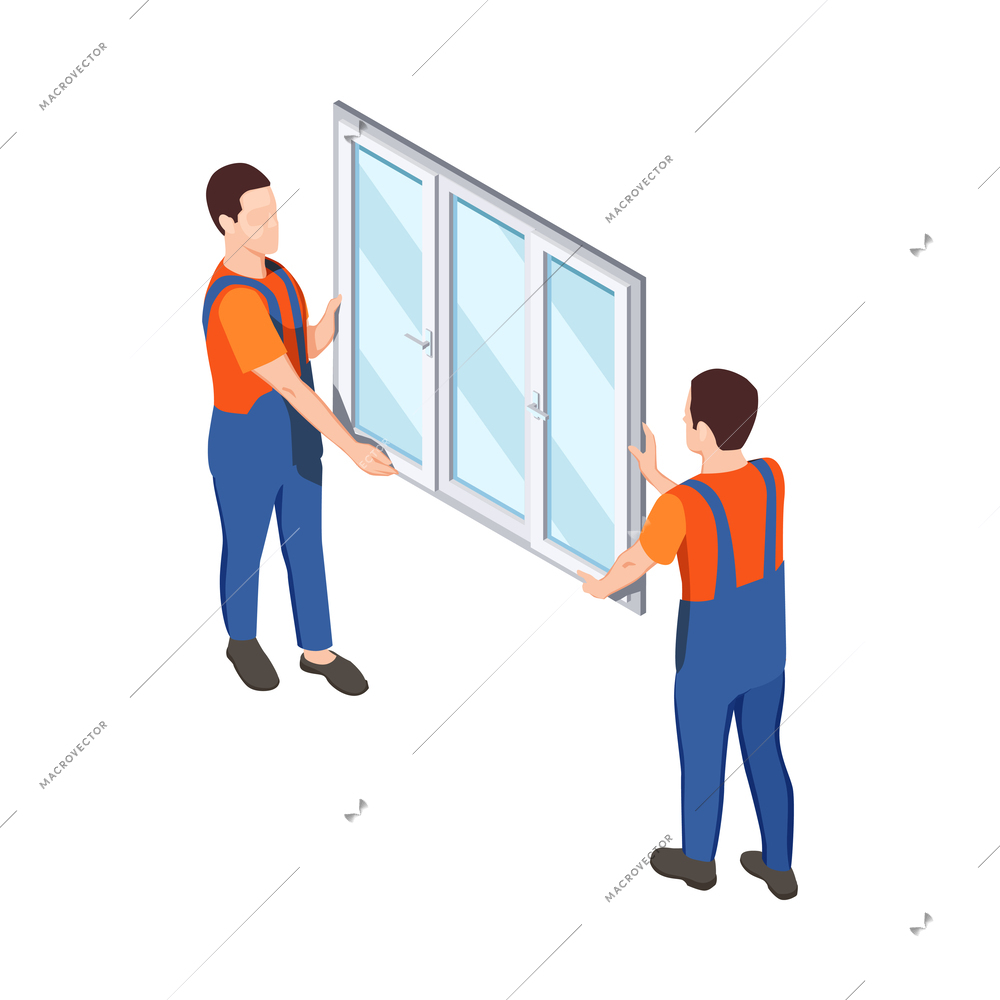 Pvc window design production isometric composition with human characters of workers vector illustration