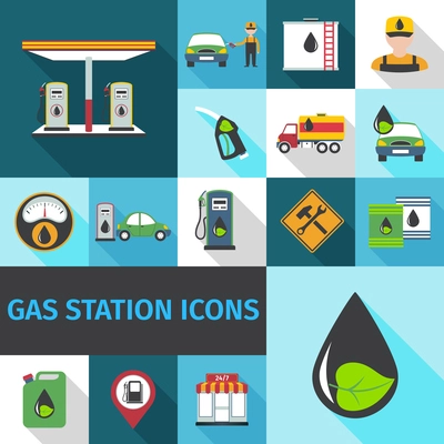 Gas station icons flat set with fuel pump eco petroleum symbol isolated vector illustration