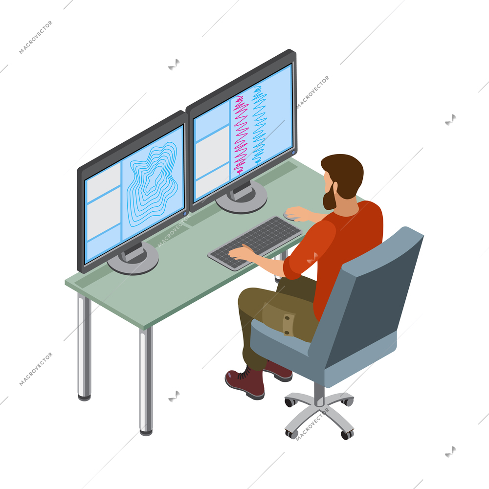 Earth exploration isometric composition with human character of geologist at work on blank background vector illustration