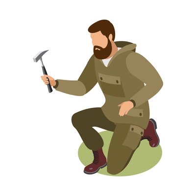 Earth exploration isometric composition with human character of geologist at work on blank background vector illustration