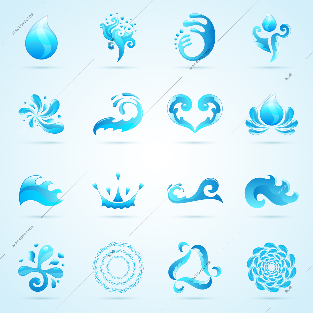 Blue water drops and splashes icons set isolated vector illustration