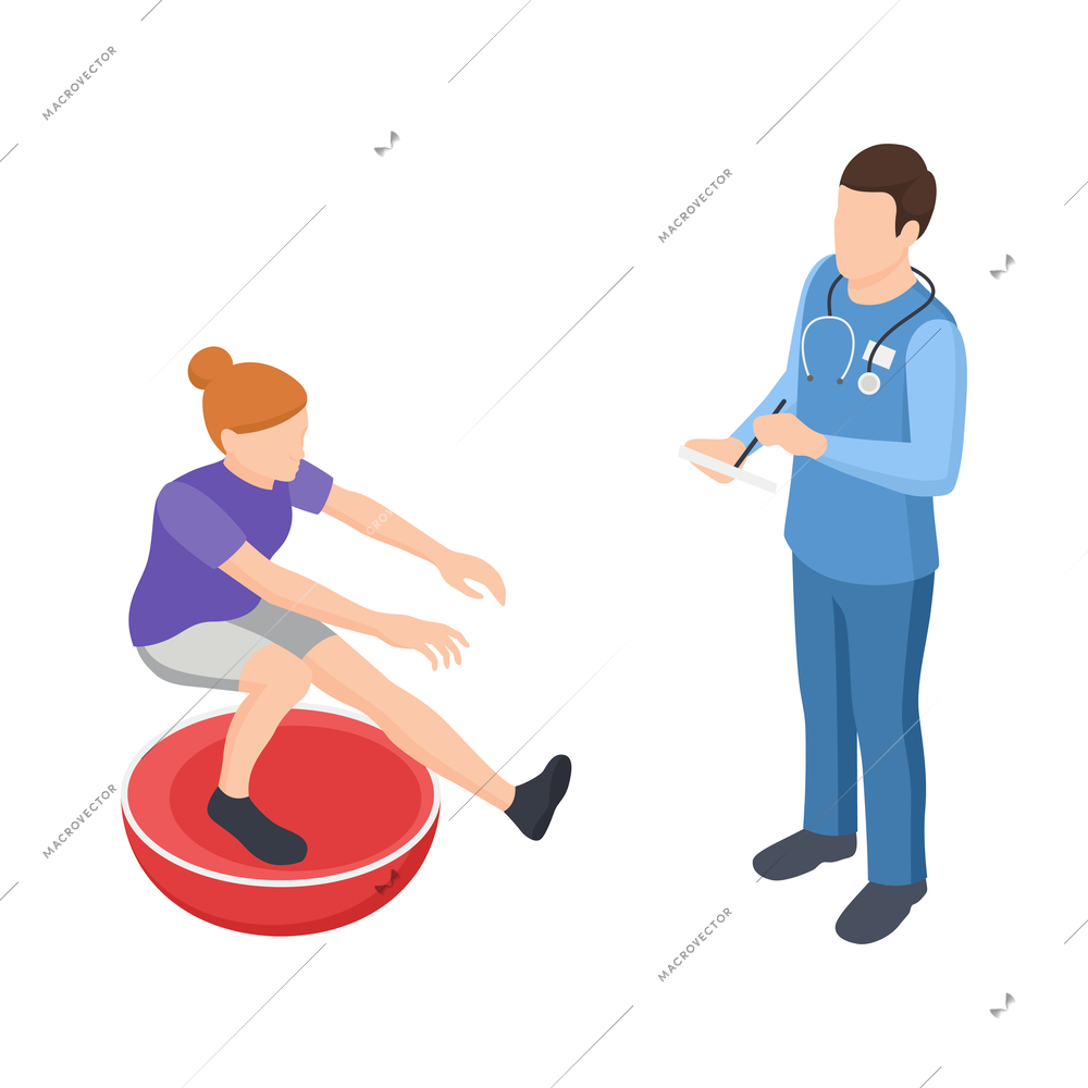 Physiotherapy rehabilitation clinic isometric composition with treatment recovery icons human characters vector illustration