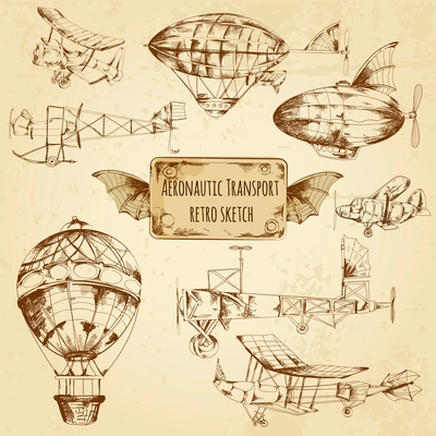 Retro aviation aeronautic transport sketch decorative icons set isolated vector illustration