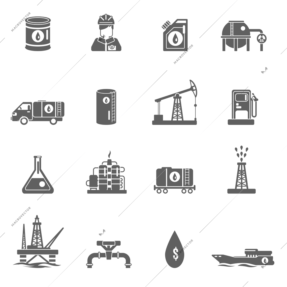 Oil gasoline and fuel extraction industry black icon set isolated vector illustration