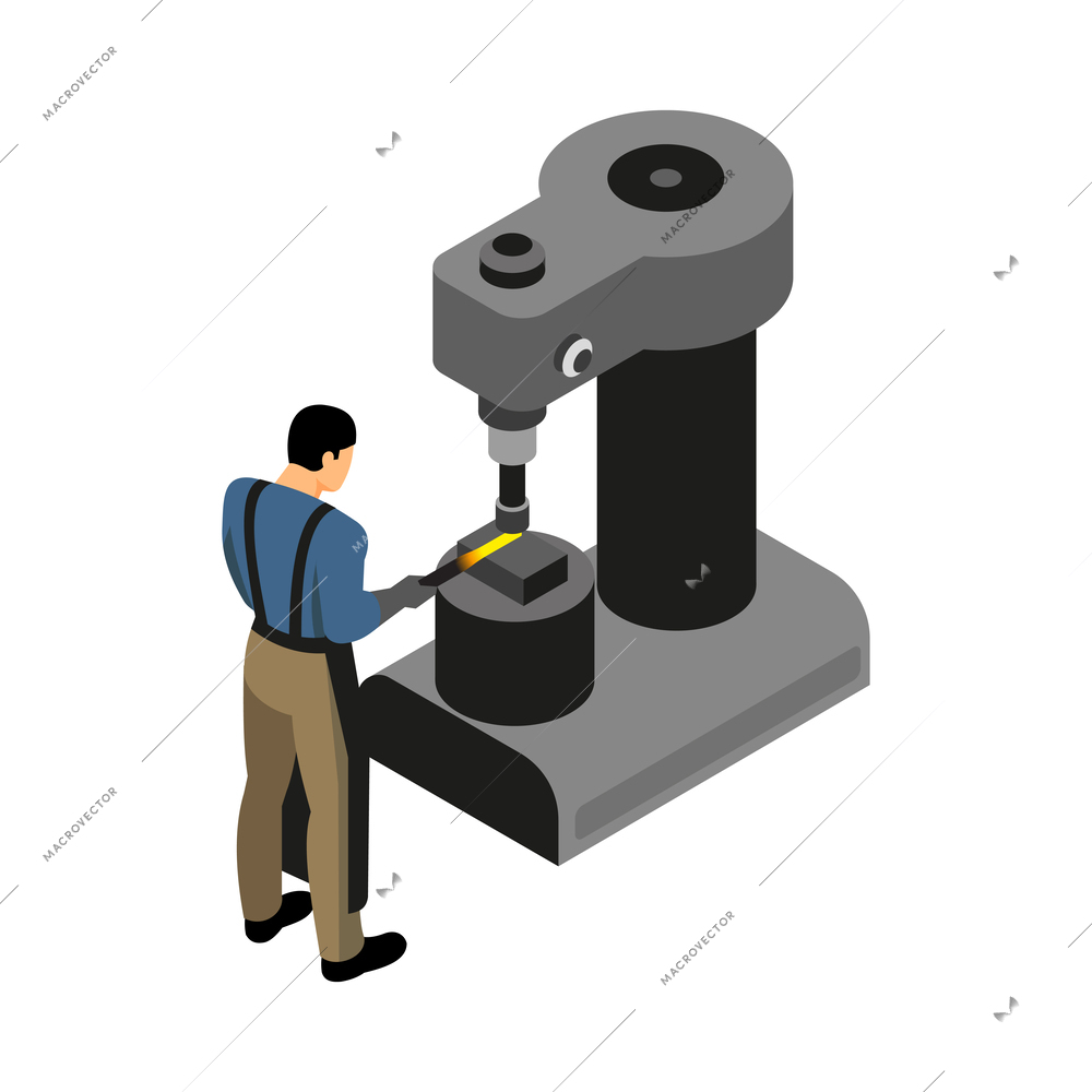 Isometric blacksmith composition with isolated iron forging shop icon on blank background vector illustration