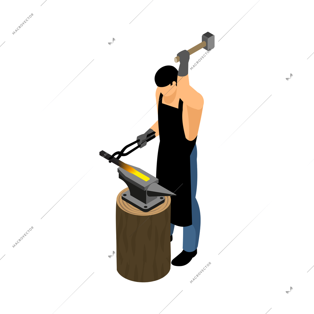 Isometric blacksmith composition with isolated iron forging shop icon on blank background vector illustration