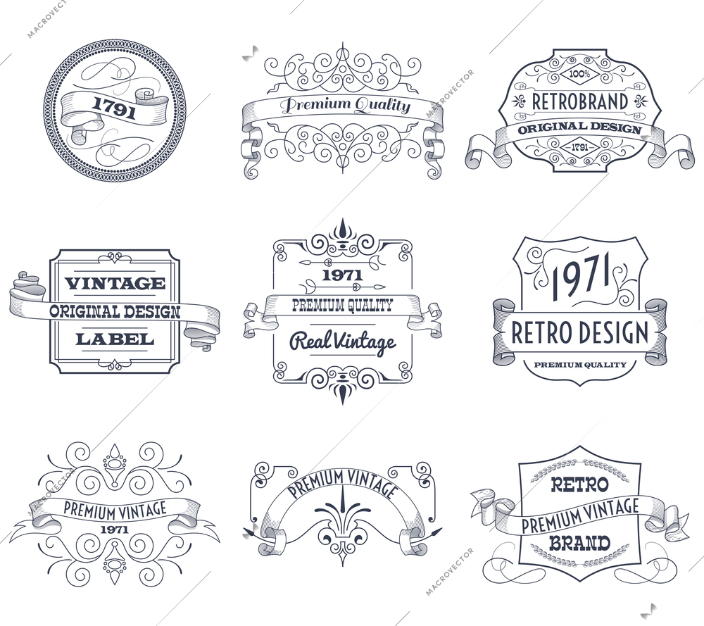 Vintage retro design premium quality business labels set isolated vector illustration