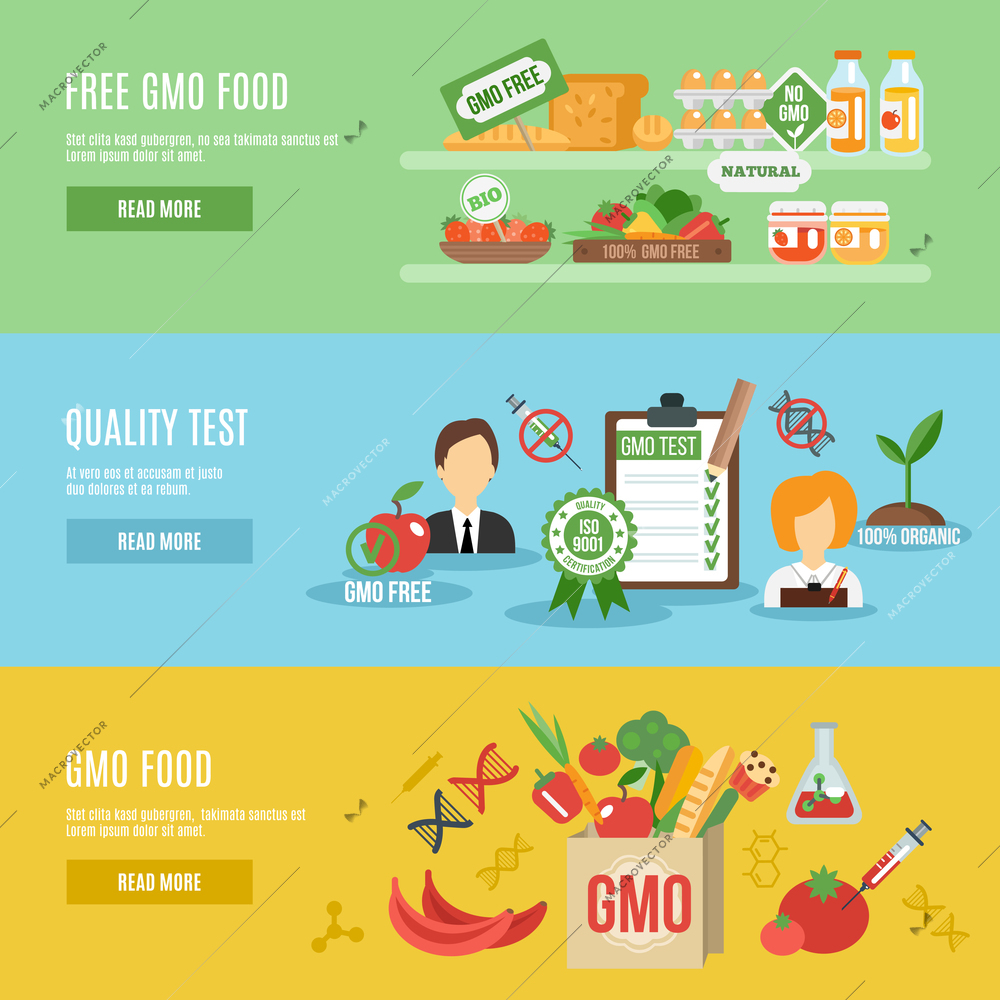 Gmo horizontal banner set with food quality test flat elements isolated vector illustration
