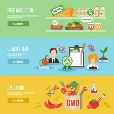 Gmo horizontal banner set with food quality test flat elements isolated vector illustration