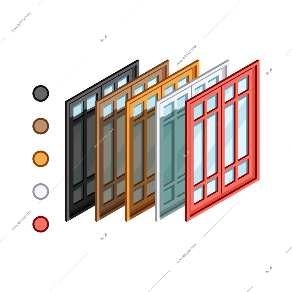 Pvc window design production isometric composition with isolated building renovation image vector illustration