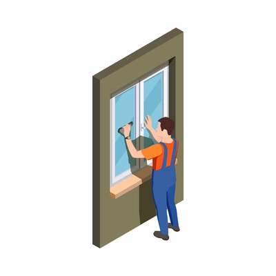 Pvc window design production isometric composition with human character of worker vector illustration