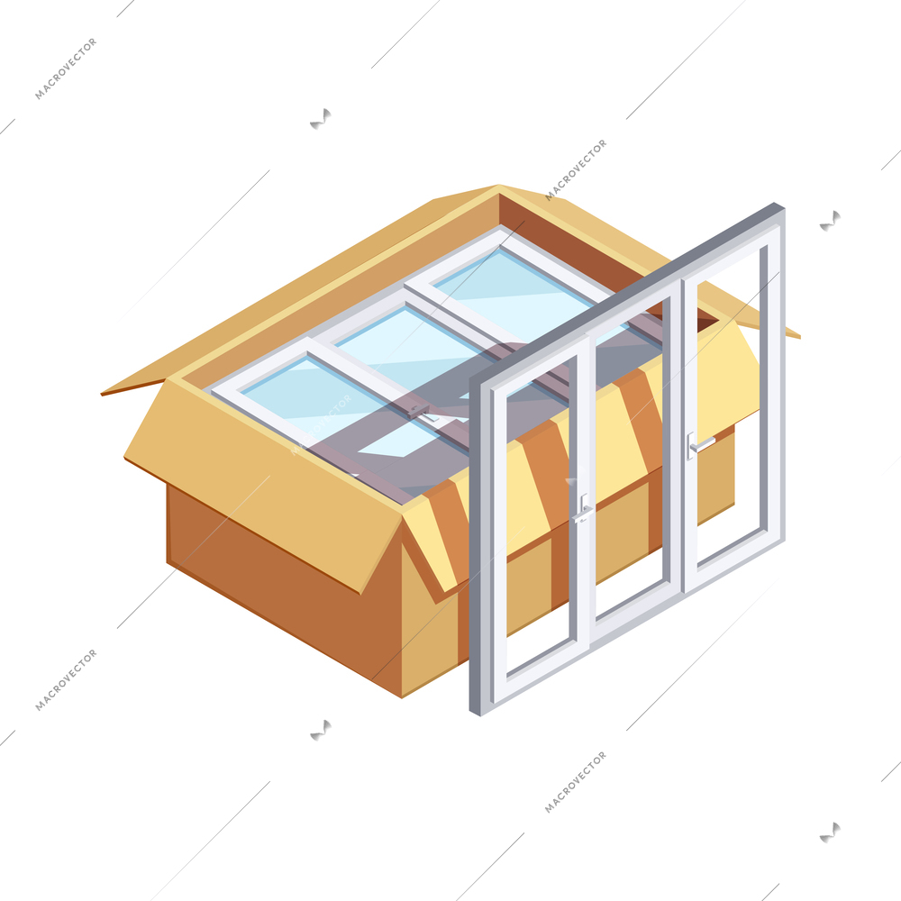 Pvc window design production isometric composition with isolated building renovation image vector illustration