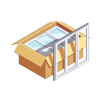 Pvc window design production isometric composition with isolated building renovation image vector illustration