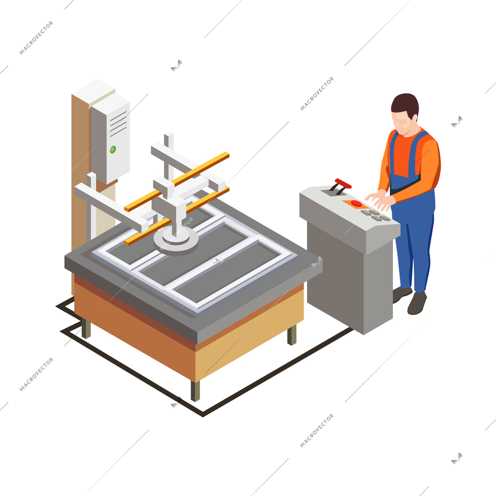Pvc window design production isometric composition with human character of worker vector illustration