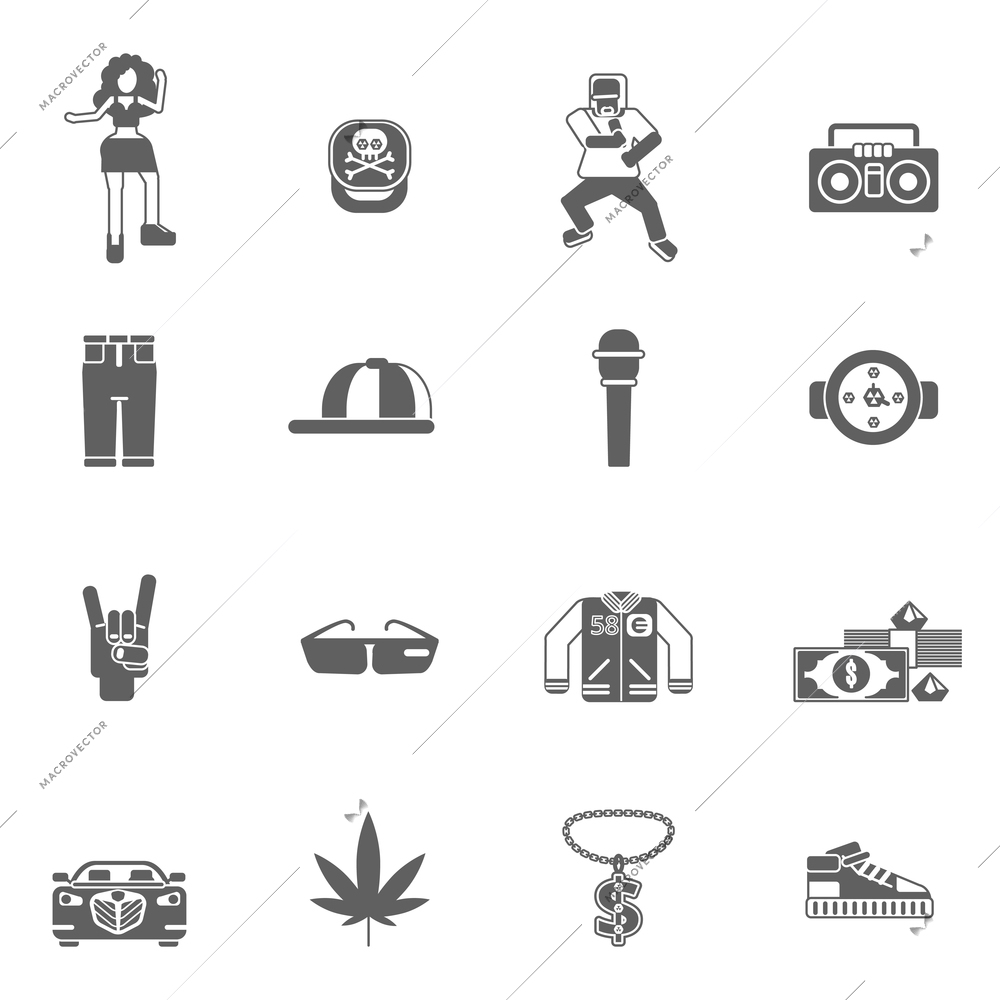 Rap music street style singing black icons set isolated vector illustration