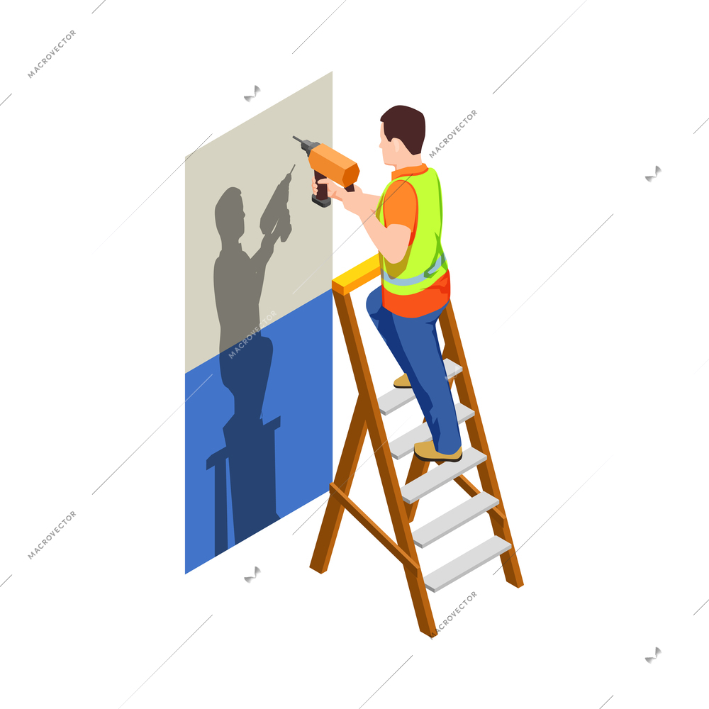 Construction workers isometric composition with human character in uniform with tools vector illustration