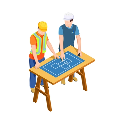 Construction workers isometric composition with human characters in uniform with tools vector illustration