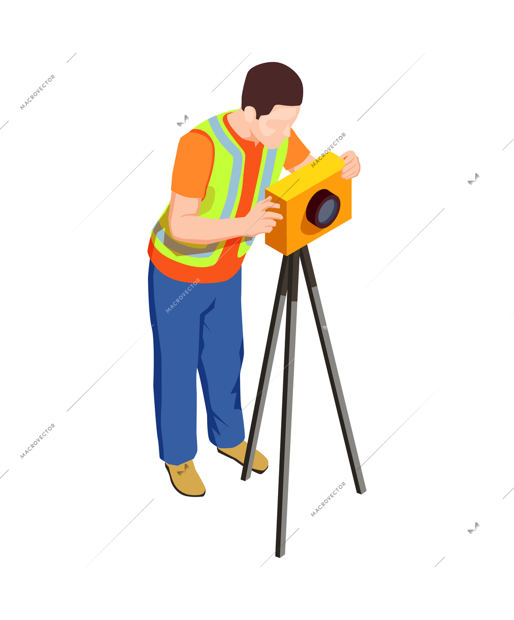 Construction workers isometric composition with human character in uniform with tools vector illustration