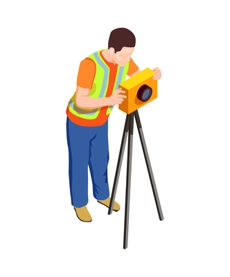 Construction workers isometric composition with human character in uniform with tools vector illustration