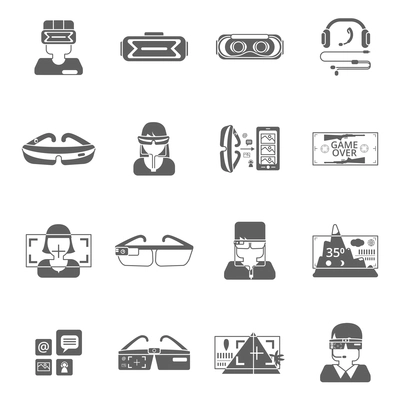 Virtual reality glasses technology black icon set isolated vector illustration