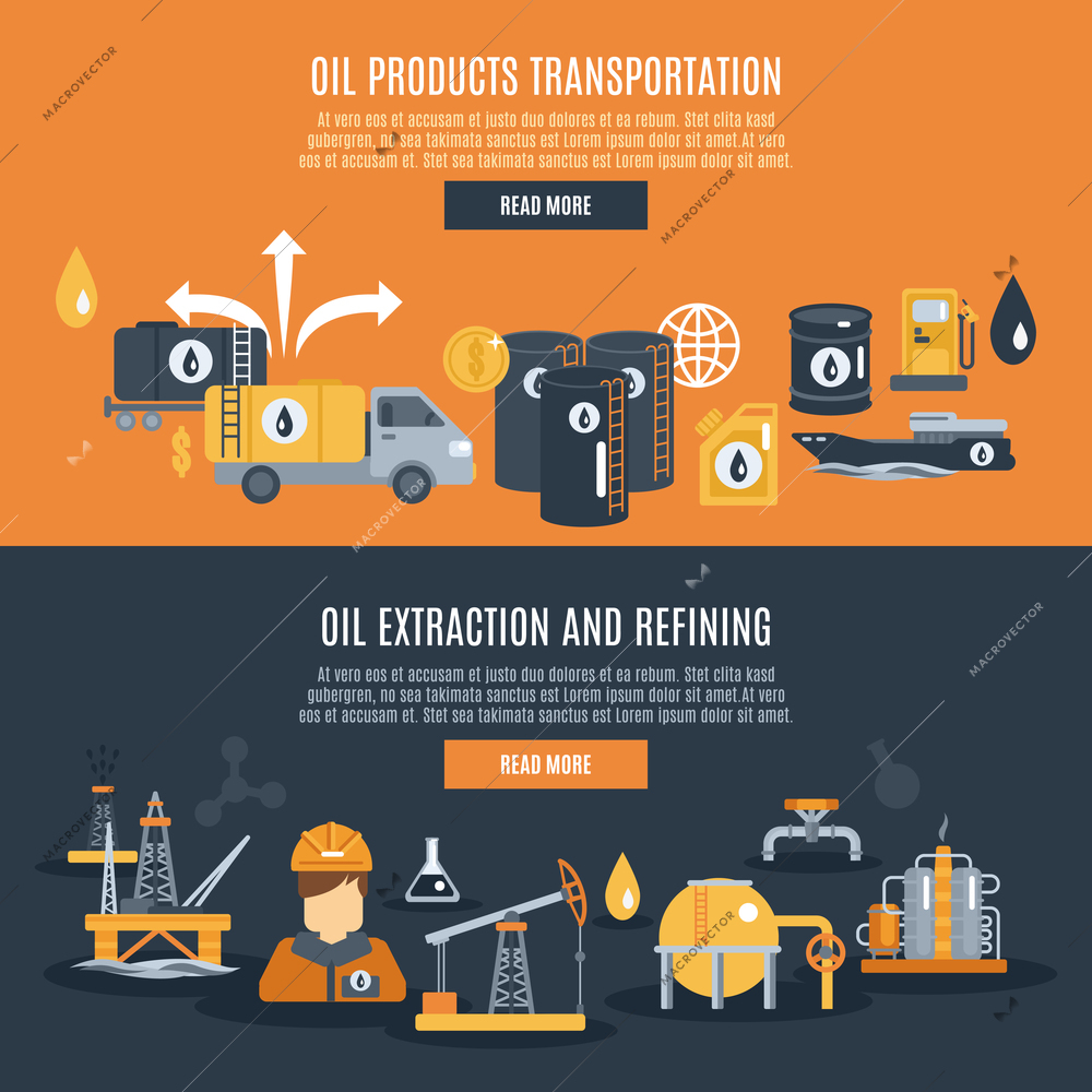 Oil industry horizontal banner set with extraction refining and transportation elements isolated vector illustration