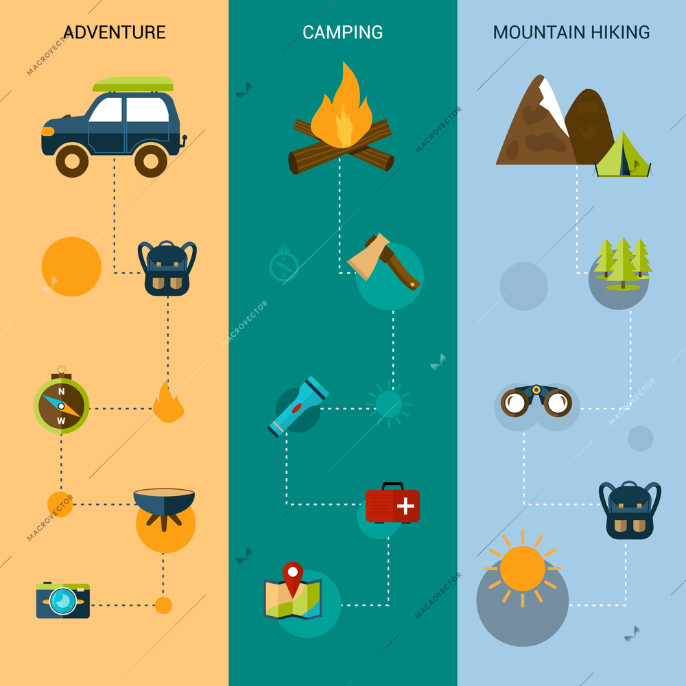 Camping banners vertical set with adventure mountain hiking flat elements set isolated vector illustration