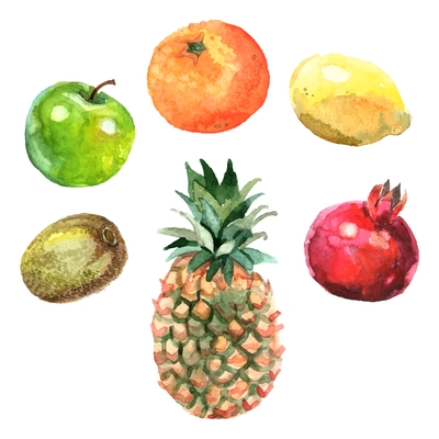 Watercolor fruits set with pineapple kiwi apple orange lemon and pomegranate isolated vector illustration
