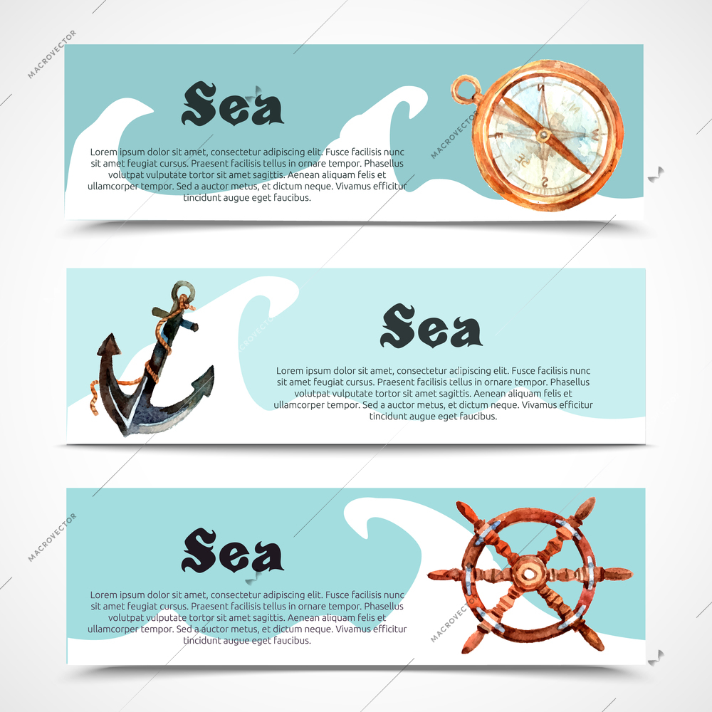 Nautical and sea horizontal banner set with watercolor compass anchor and wheel isolated vector illustration