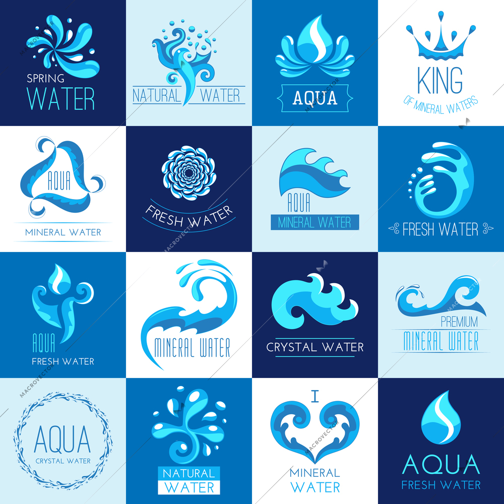 Fresh clear spring mineral water emblems set isolated vector illustration