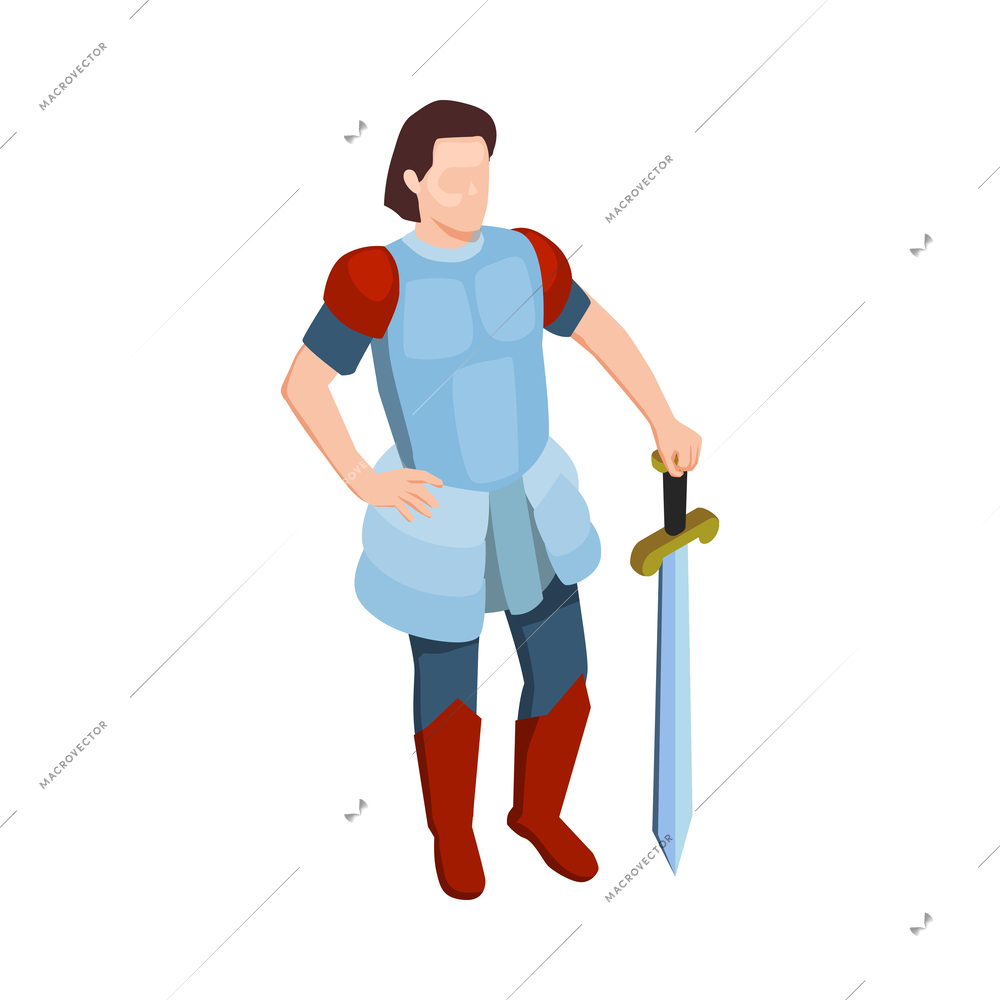 Medieval isometric composition with isolated faceless human character in vintage apparel vector illustration