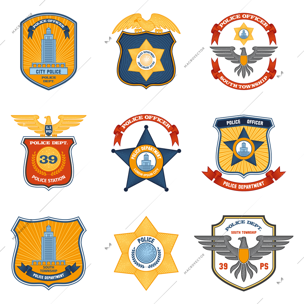 Police badges law enforcement and government colored set isolated vector illustration