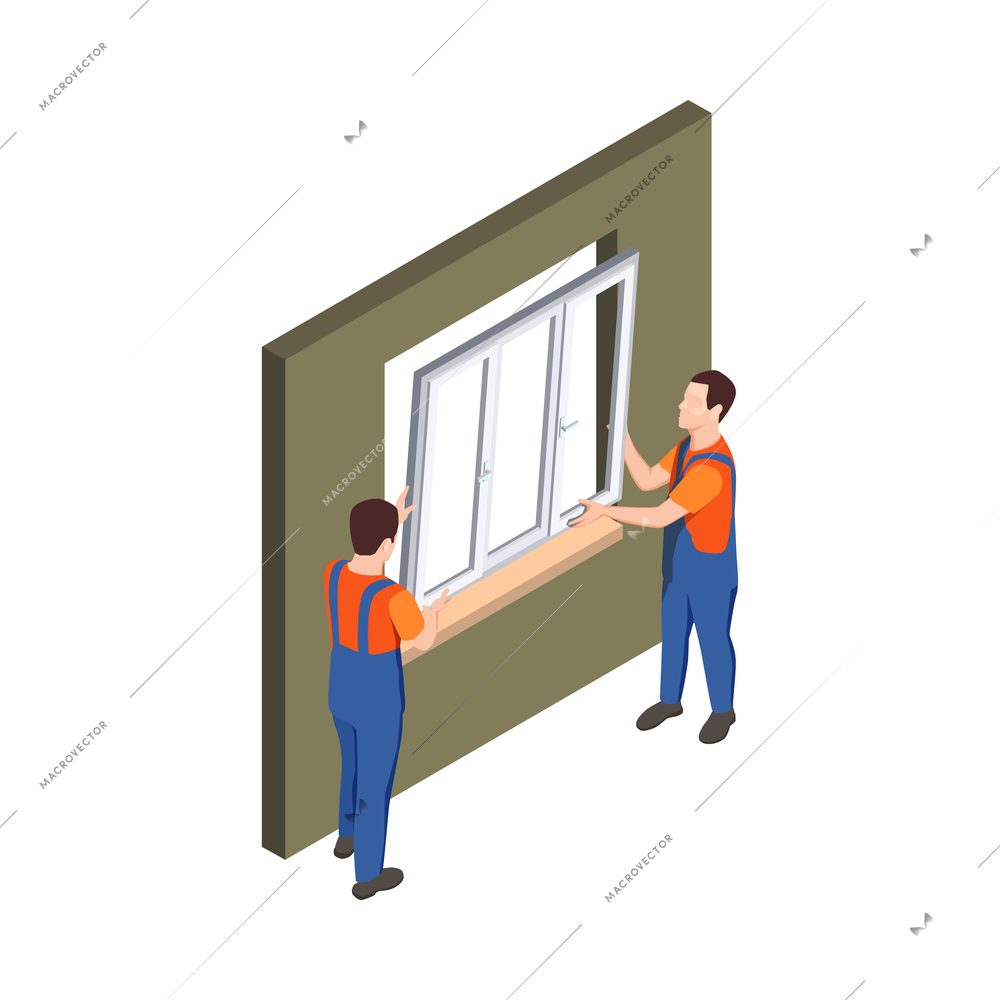 Pvc window design production isometric composition with human characters of workers vector illustration