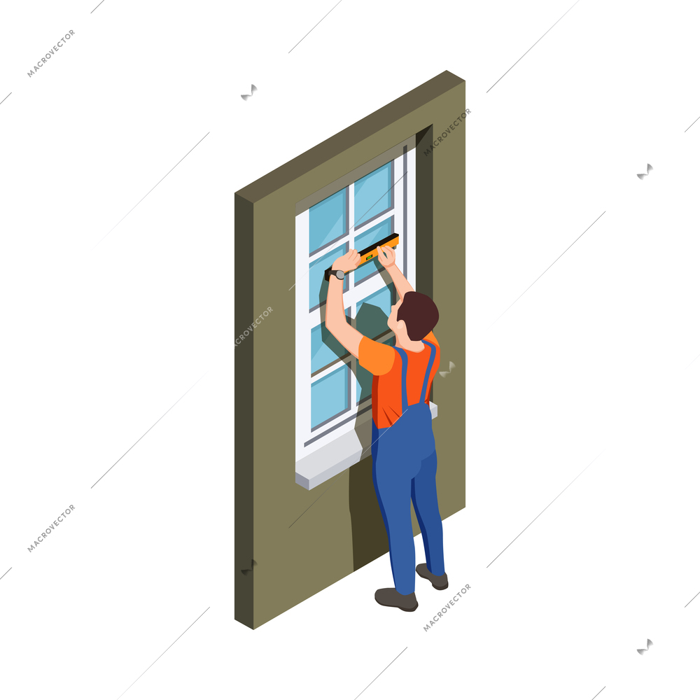 Pvc window design production isometric composition with human character of worker vector illustration